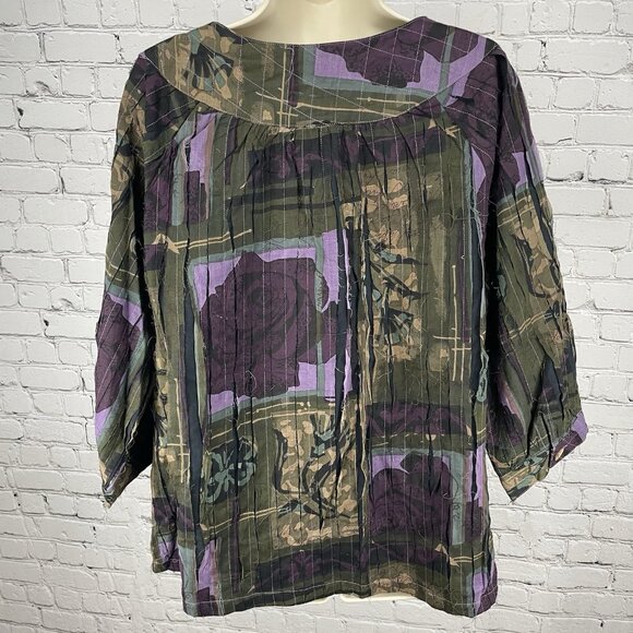 NWT Tantrums Green & Purple Rose Pleated Wood Buttoned 3/4 Sleeve Blouse Size 1X - Picture 2 of 14